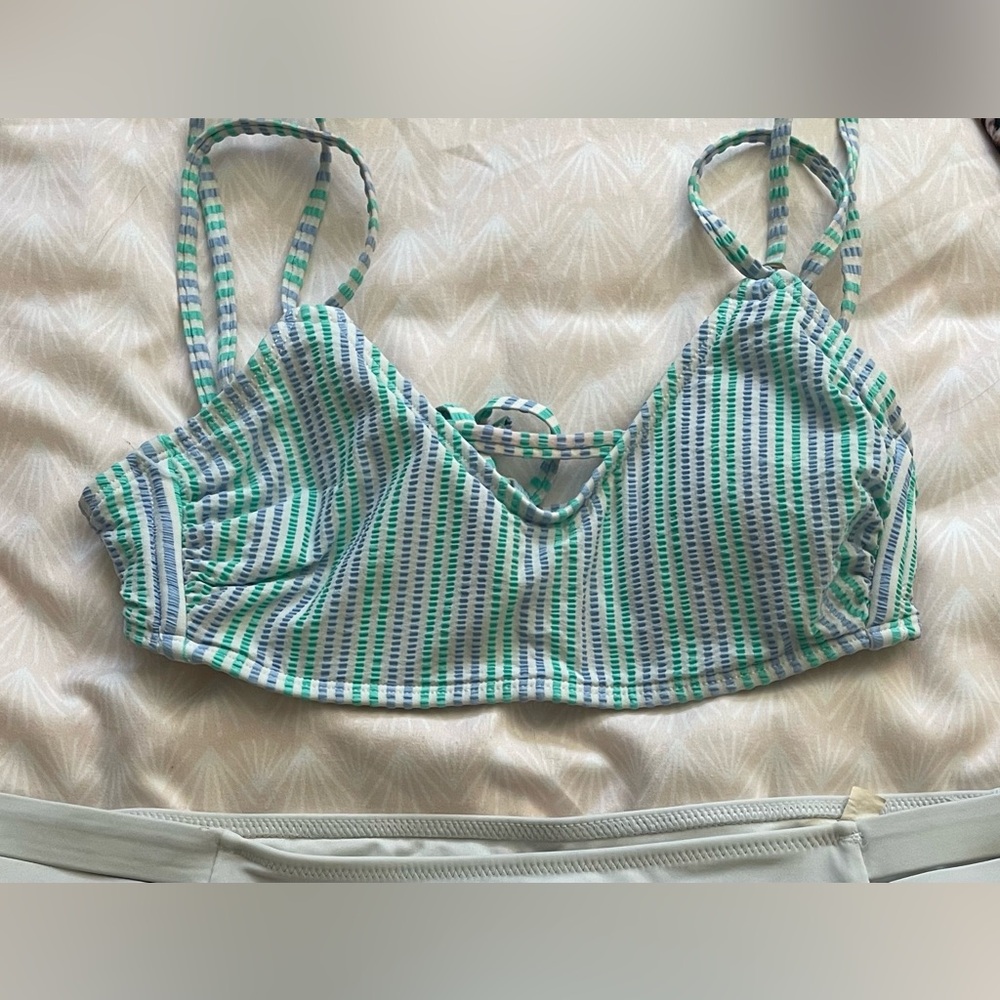 Green and blue striped bikini top